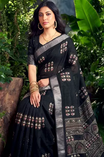 Traditional printed slub silk zari border saree