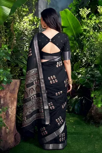 Traditional printed slub silk zari border saree