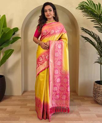 Yellow art silk  woven saree 1