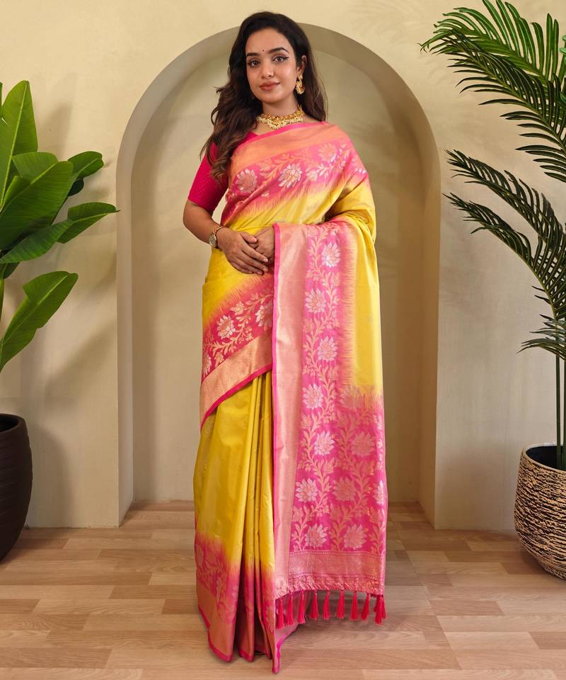Yellow art silk  woven saree