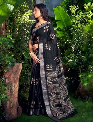 Traditional printed slub silk zari border saree 4