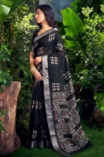 Traditional printed slub silk zari border saree