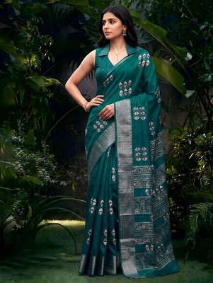 Traditional printed slub silk zari border saree 1