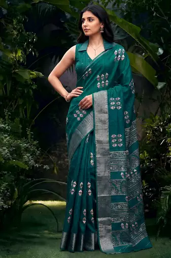 Traditional printed slub silk zari border saree