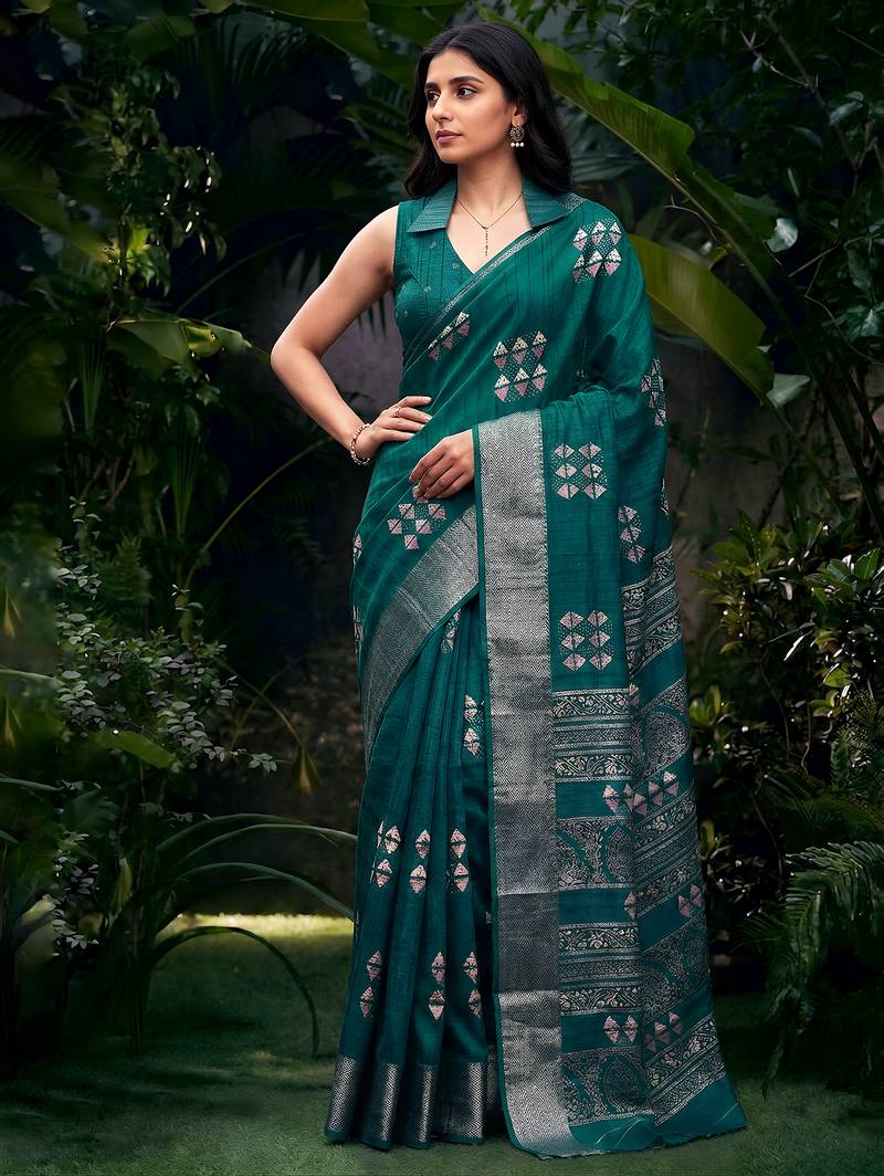 Traditional printed slub silk zari border saree