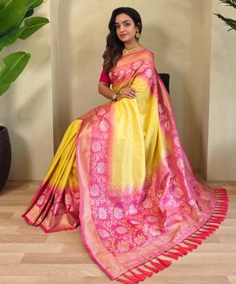 Yellow art silk  woven saree 4
