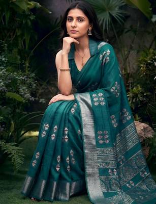Traditional printed slub silk zari border saree 2