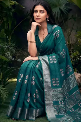 Traditional printed slub silk zari border saree