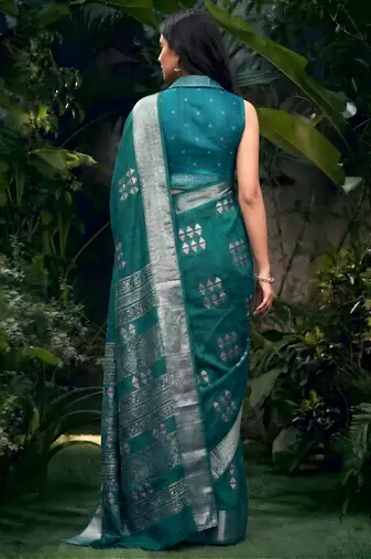 Traditional printed slub silk zari border saree