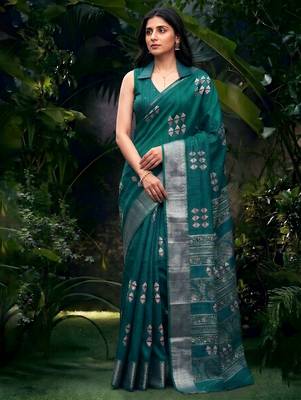 Traditional printed slub silk zari border saree 4