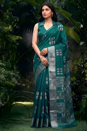 Traditional printed slub silk zari border saree