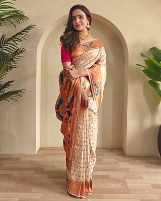 Cream art silk  woven saree 1