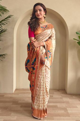 Cream art silk  woven saree