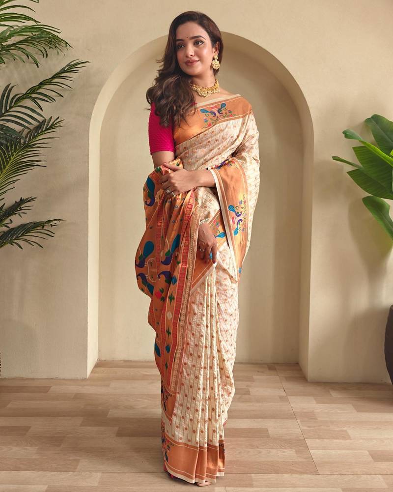 Cream art silk  woven saree
