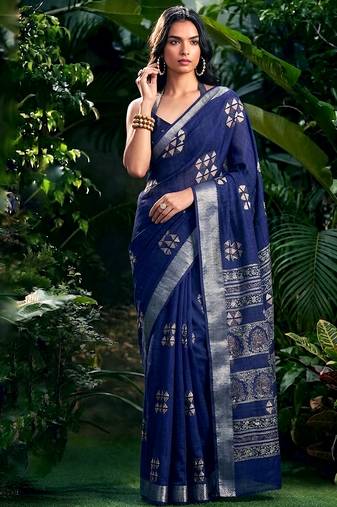 Traditional printed slub silk zari border saree