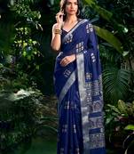 Traditional printed slub silk zari border saree