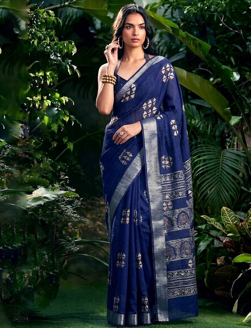Traditional printed slub silk zari border saree