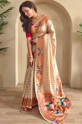Cream art silk  woven saree