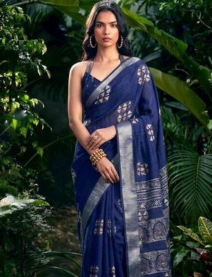 Traditional printed slub silk zari border saree 2