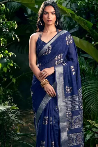 Traditional printed slub silk zari border saree