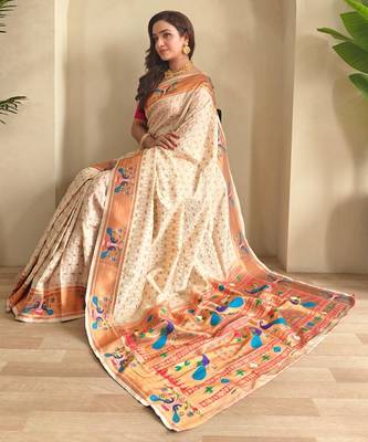 Cream art silk  woven saree 4