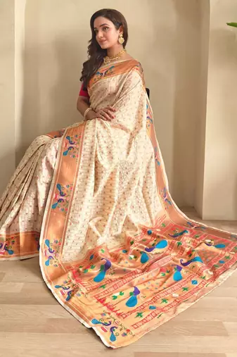 Cream art silk  woven saree