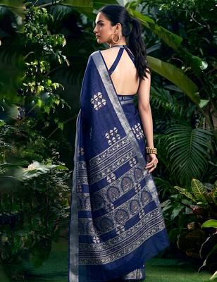 Traditional printed slub silk zari border saree 3