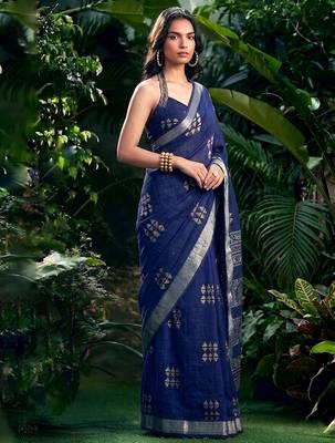 Traditional printed slub silk zari border saree 4