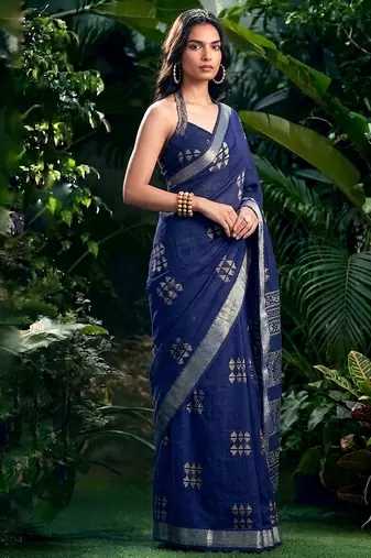 Traditional printed slub silk zari border saree