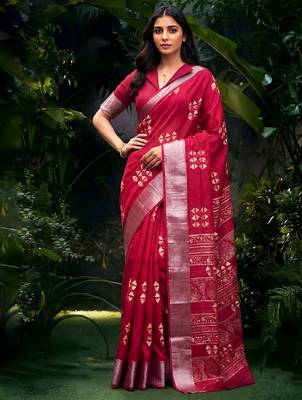 Traditional printed slub silk zari border saree 1