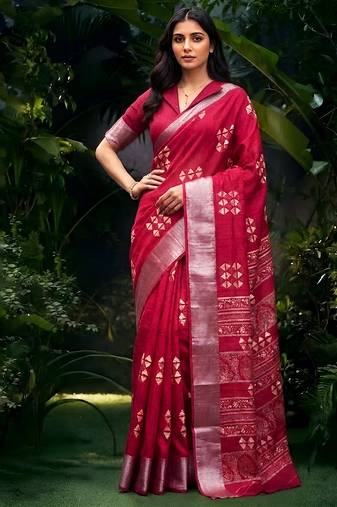 Traditional printed slub silk zari border saree