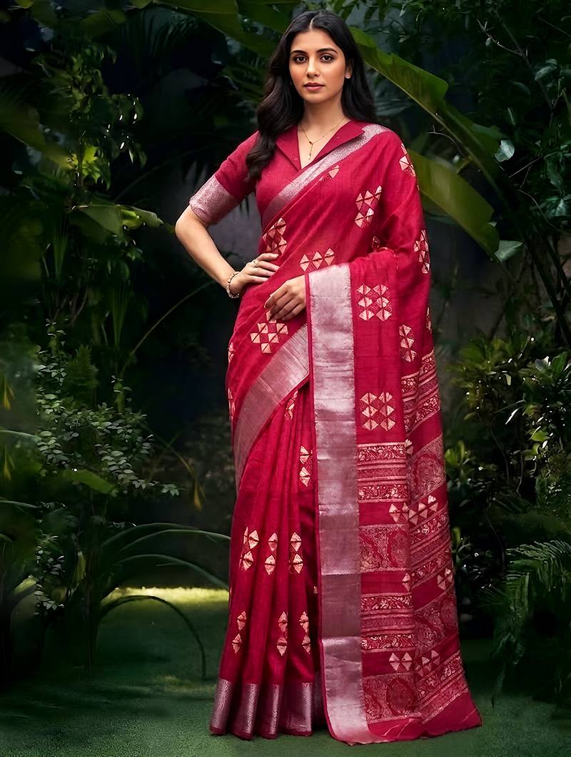 Traditional printed slub silk zari border saree