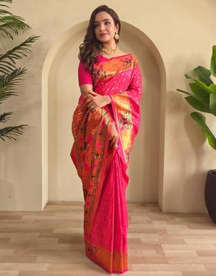 Hot pink art silk  woven saree 1