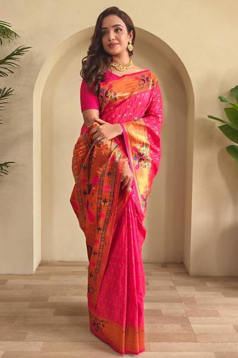 Hot pink art silk  woven saree