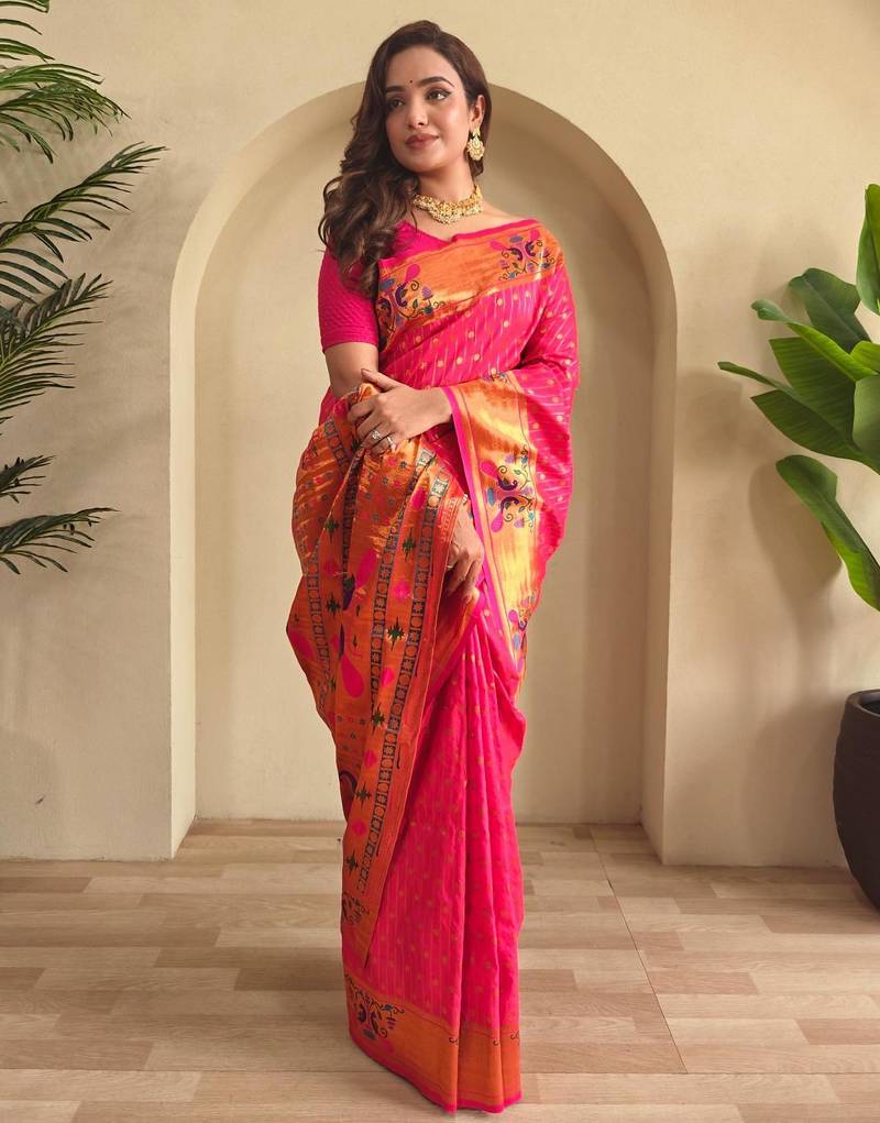 Hot pink art silk  woven saree