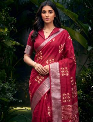 Traditional printed slub silk zari border saree 2
