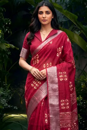 Traditional printed slub silk zari border saree