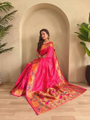 Hot pink art silk  woven saree 4