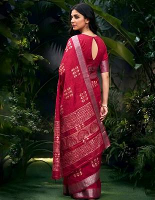 Traditional printed slub silk zari border saree 3