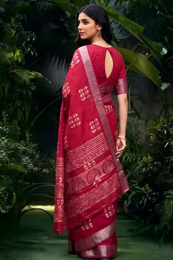 Traditional printed slub silk zari border saree