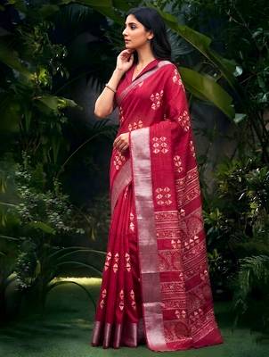 Traditional printed slub silk zari border saree 4