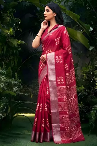 Traditional printed slub silk zari border saree