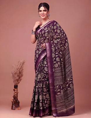 Printed slub silk saree with zari border 1