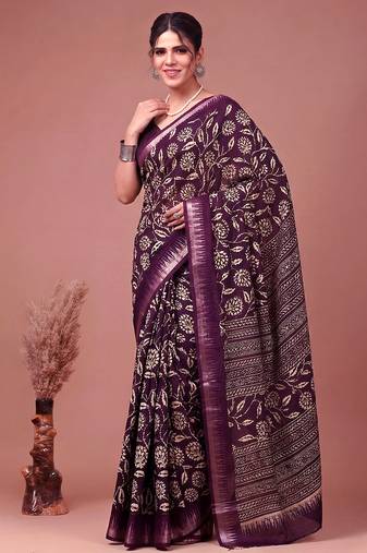 Printed slub silk saree with zari border