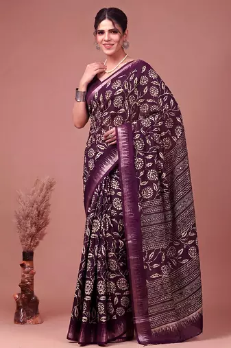 Printed slub silk saree with zari border