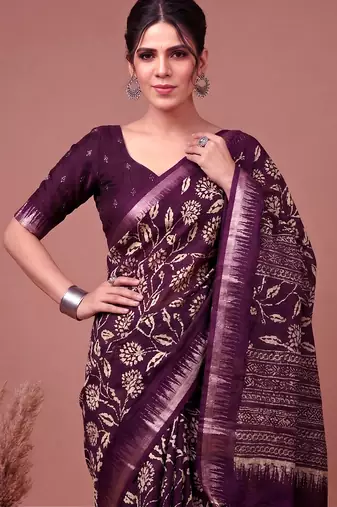 Printed slub silk saree with zari border