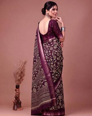 Printed slub silk saree with zari border 3