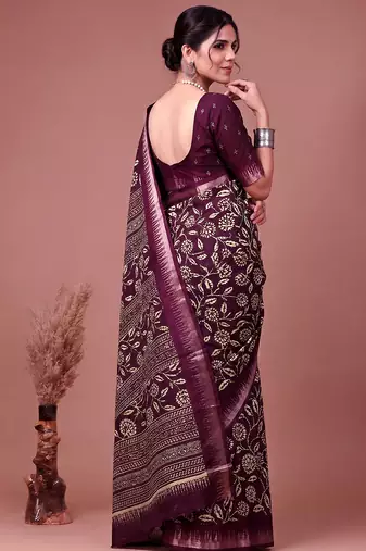 Printed slub silk saree with zari border