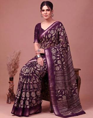 Printed slub silk saree with zari border 4