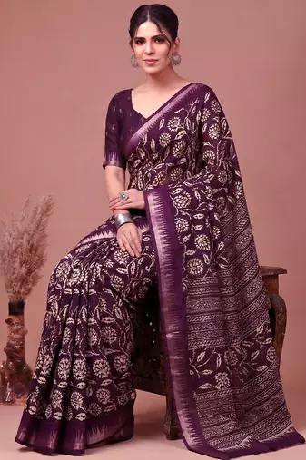 Printed slub silk saree with zari border